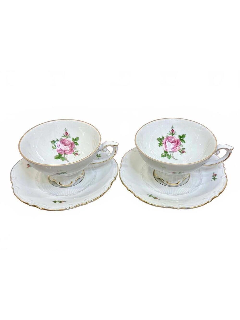 Antique Altenburg Saxony Porcelain Floral Teacups & Saucers Set Germany 1910s